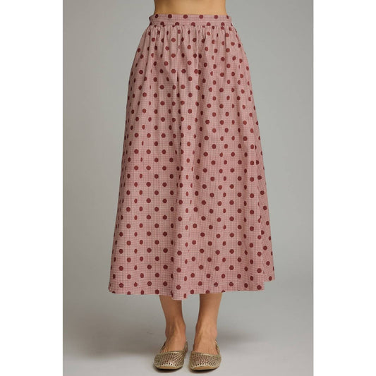 Gingham polka dot midi skirt: Burgundy