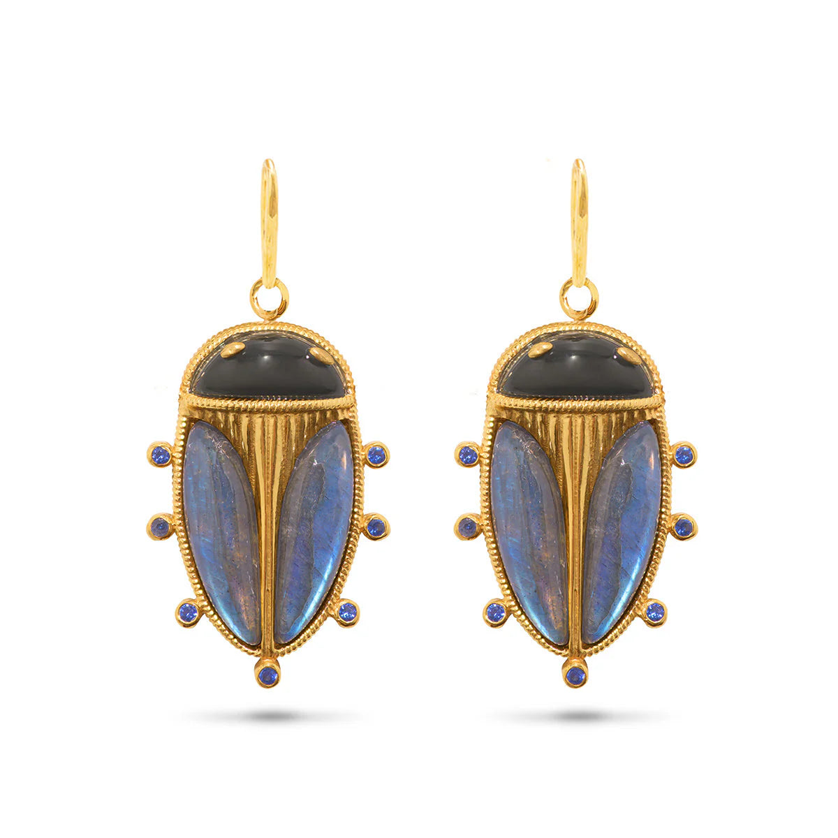 Scarab Petite Drop Earrings - Blue Labradorite/Black Agate