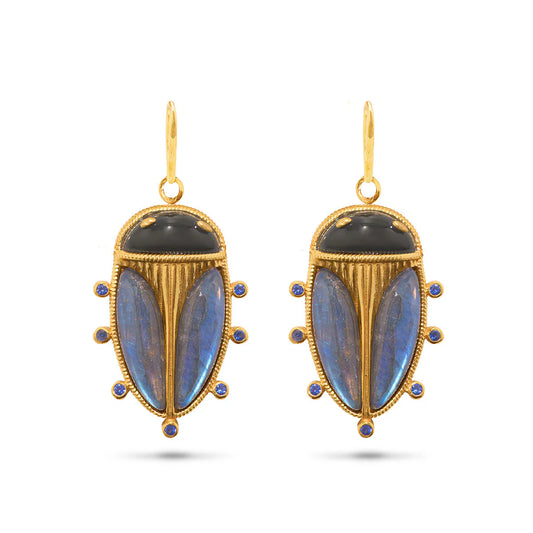 Scarab Petite Drop Earrings - Blue Labradorite/Black Agate