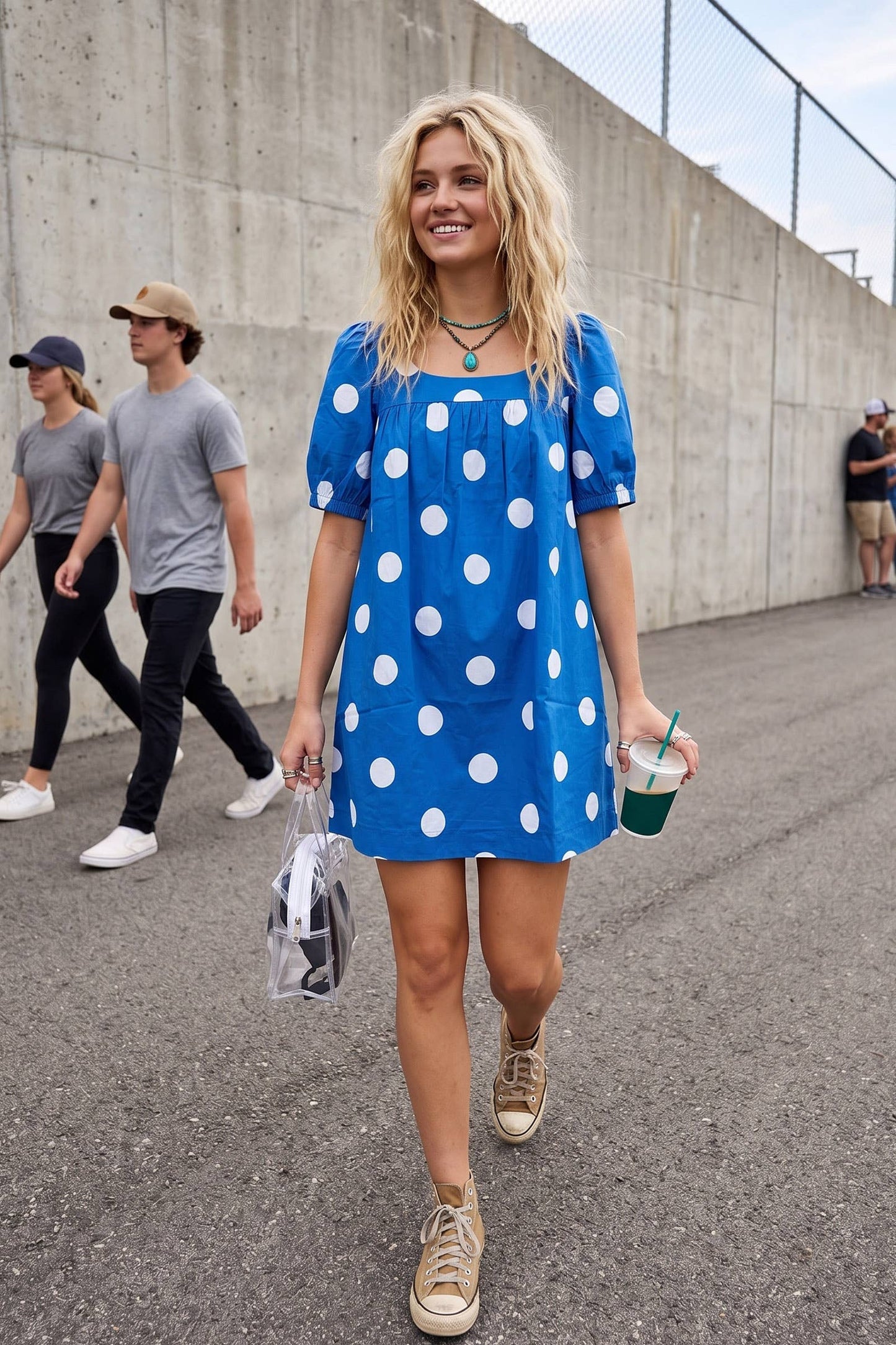 Gameday Polka Dot Puff Sleeve Dress: Blue/White