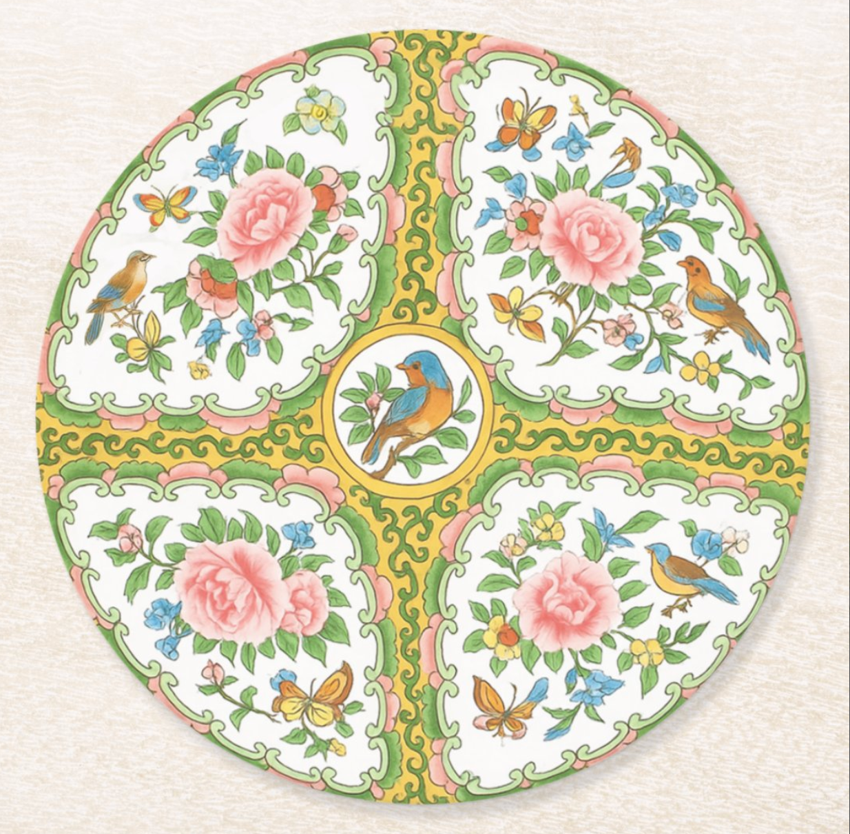 Antique Rose Yellow & Pink Birds & Floral Coaster Set: 8 / Retail