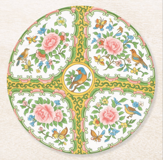 Antique Rose Yellow & Pink Birds & Floral Coaster Set: 8 / Retail