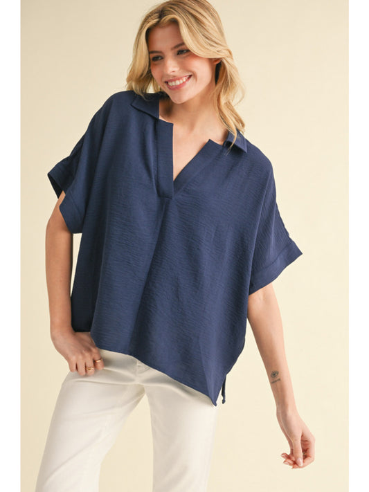Open Collar Lightweight Top Navy