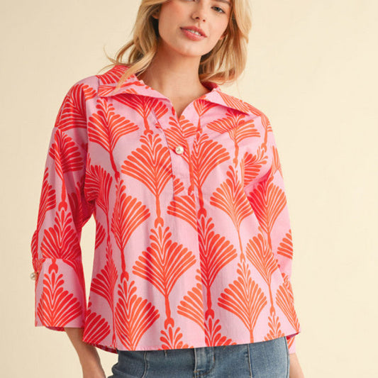 Bright Patterned Top w/ Pearl Button Accent Pink