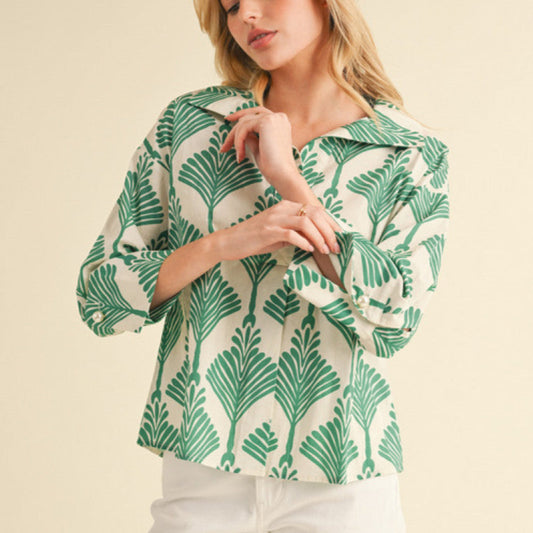 Bright Patterned Top w/ Pearl Button Accent Green