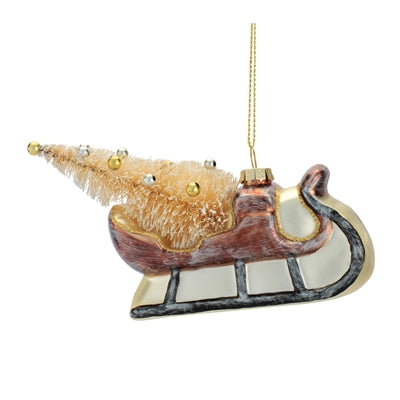Sleigh w/Tree Ornament 3”H Glass