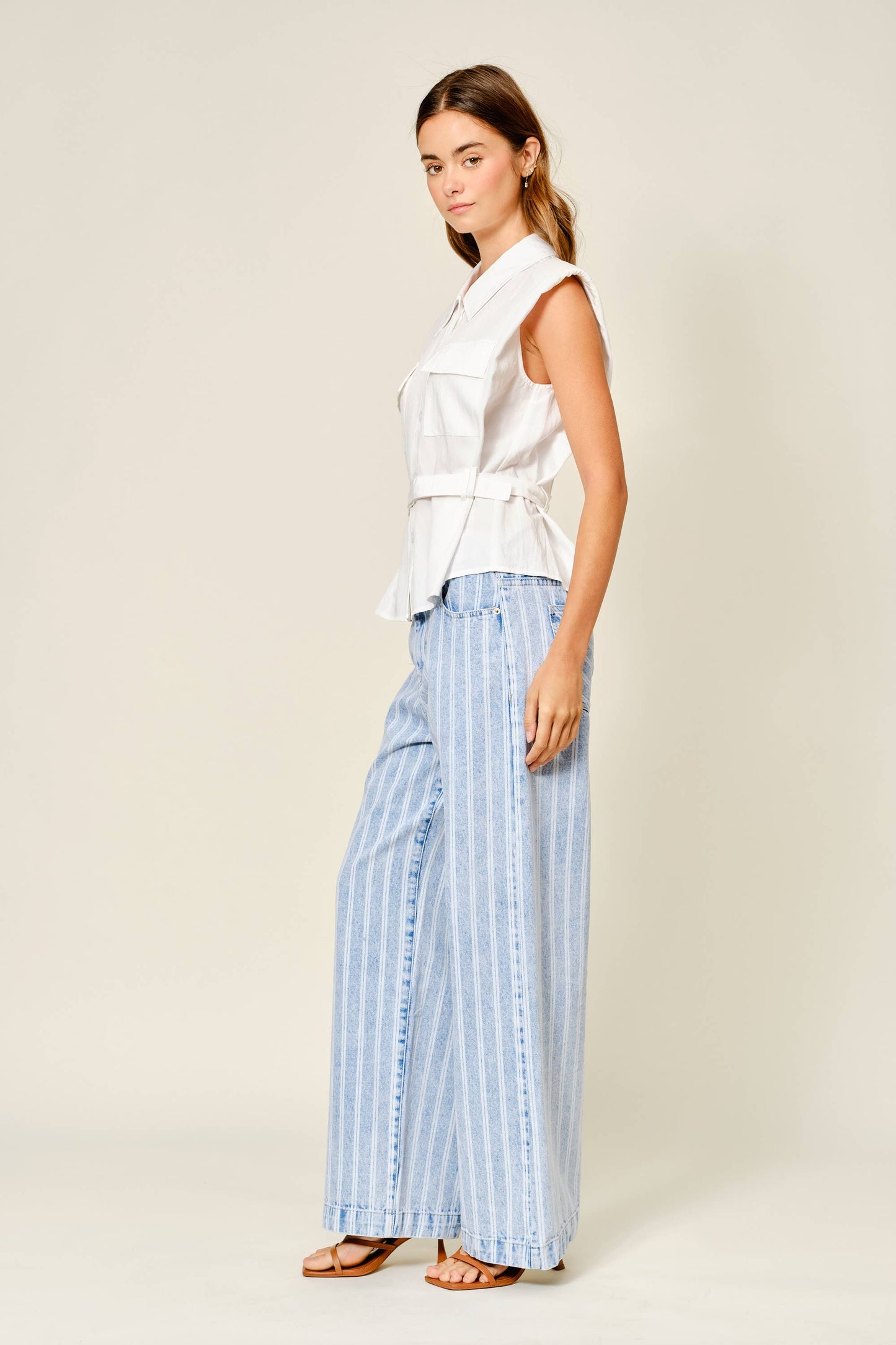 STRIPED DENIM STRAIGHT PANTS: LT DENIM