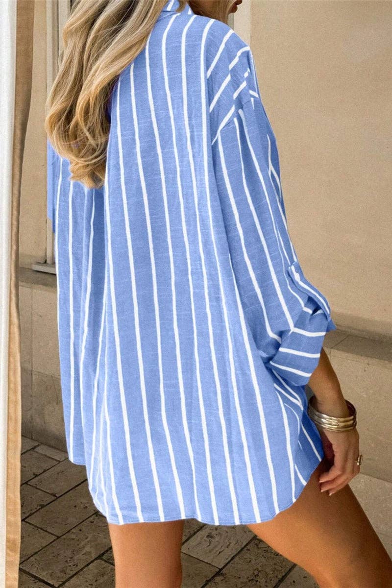 Striped Button-Up T-Shirt: Blue