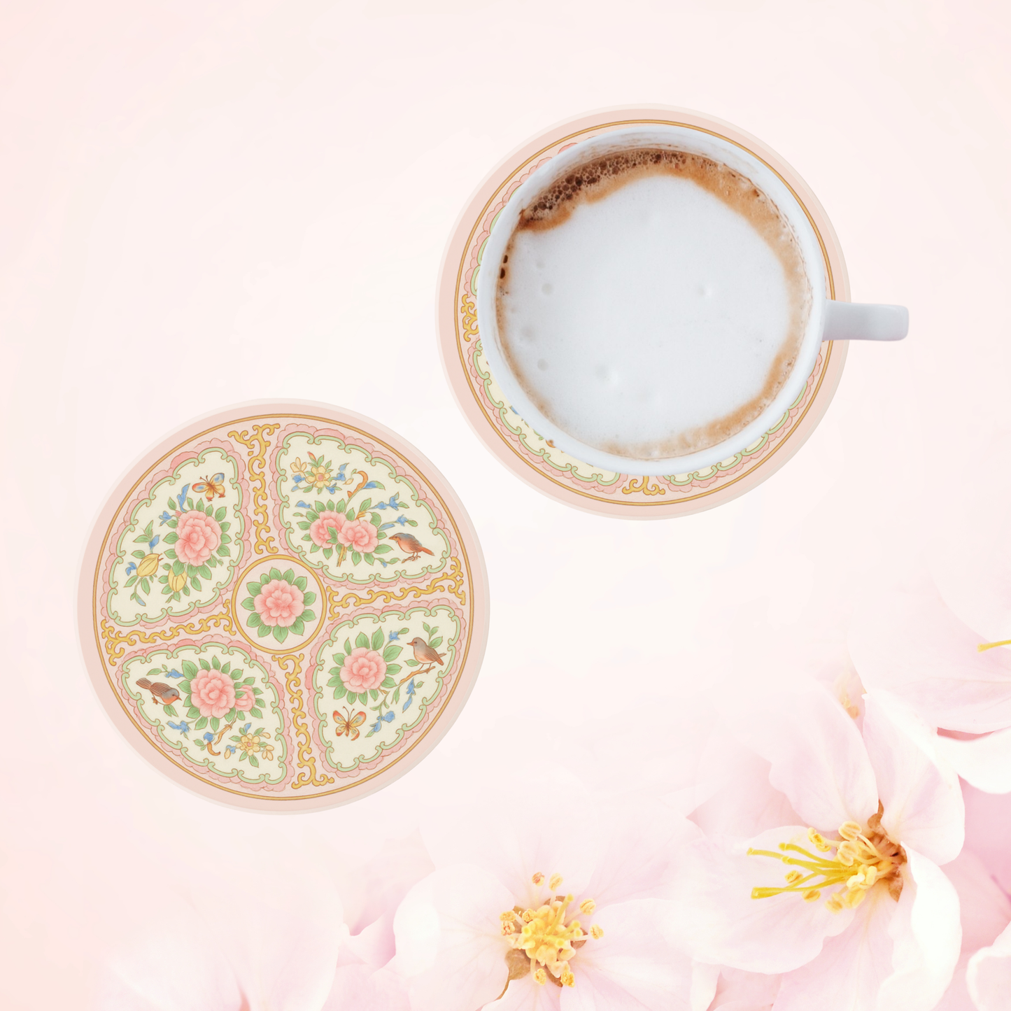 Pink Antique Rose Floral Cork Back Coaster Set of 2