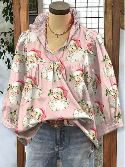 Santa Claus Print Ruffle Neck Long Sleeve Shirt