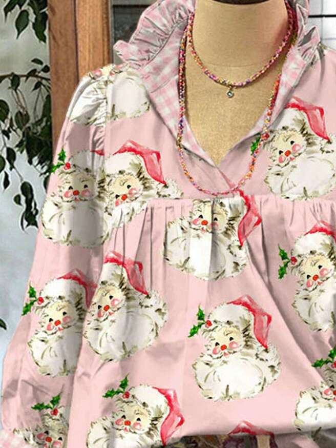 Santa Claus Print Ruffle Neck Long Sleeve Shirt