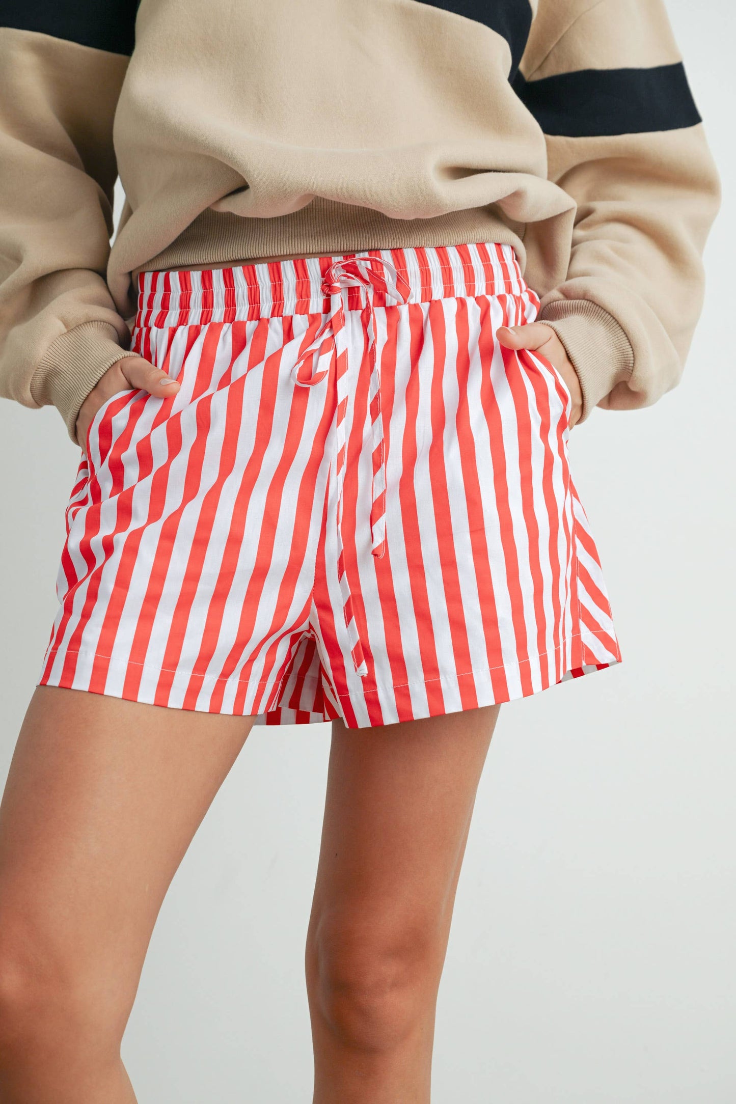 Striped Drawstring Pocket Boxer Shorts - Red/Ivory