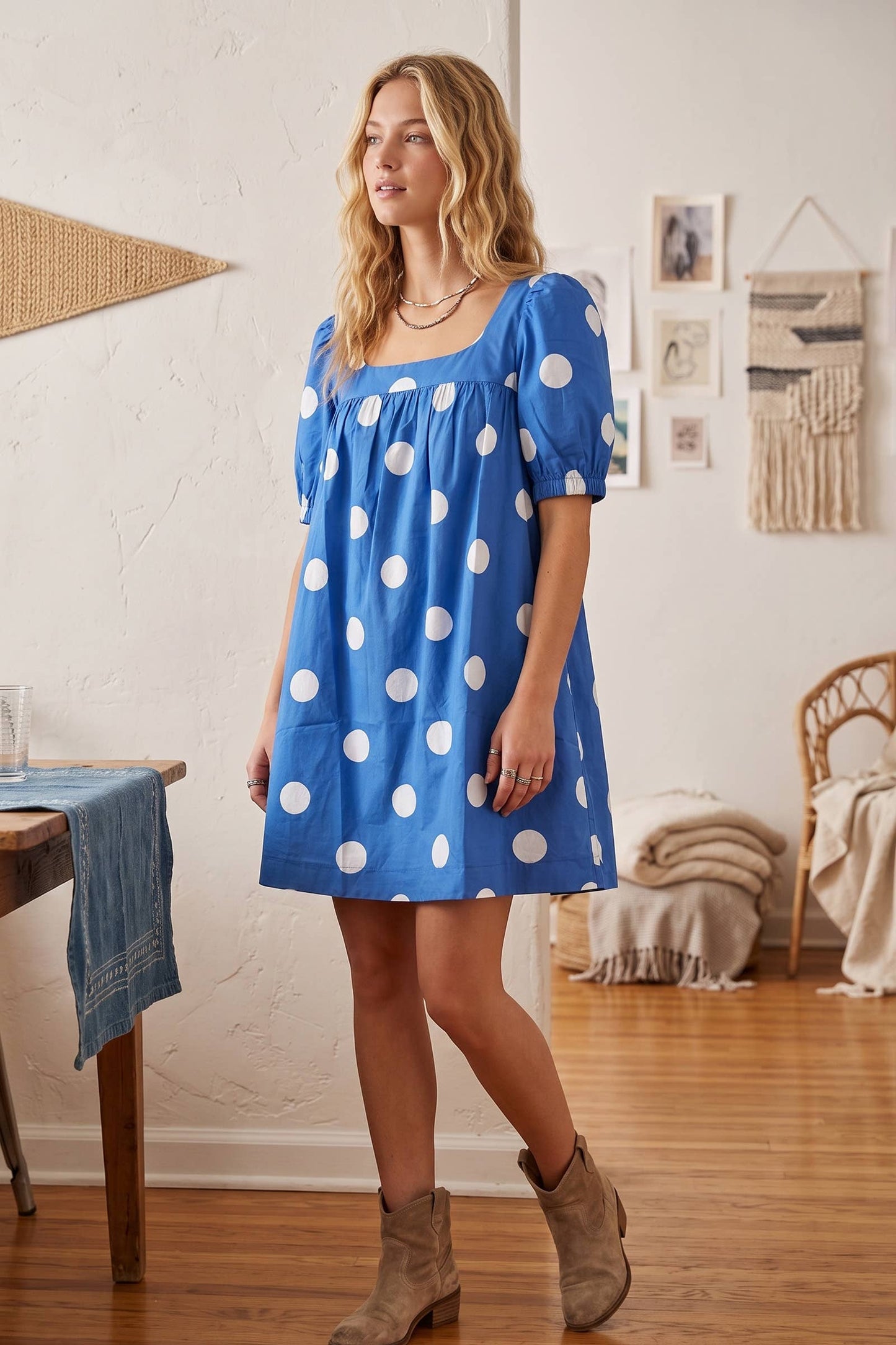 Gameday Polka Dot Puff Sleeve Dress: Blue/White