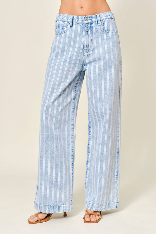 STRIPED DENIM STRAIGHT PANTS: LT DENIM