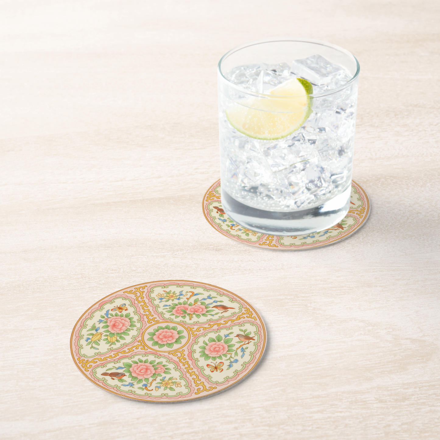 Antique Rose Medallion Pink & Gold Floral Coaster Set: 8