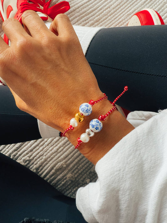 Red Cord Porcelain Bead and Pearl Bracelet