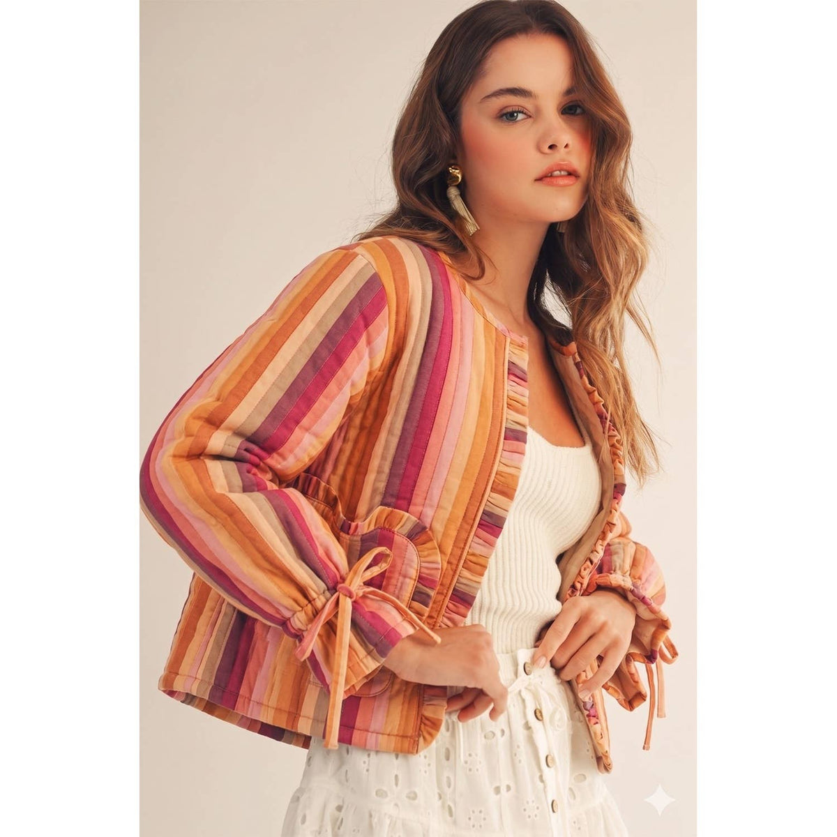 Multi Stripe Heart Pockets Ruffled Wrists Jacket