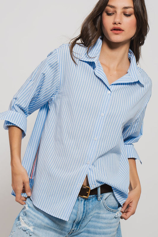 Twill Tape Button Down Striped Shirt Blue