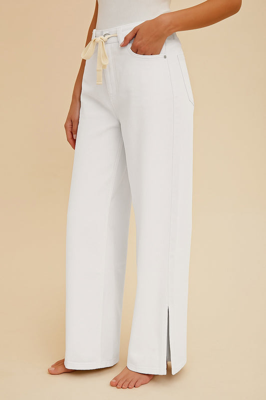 White Tie Waist/Side Slit Wide Leg Jean