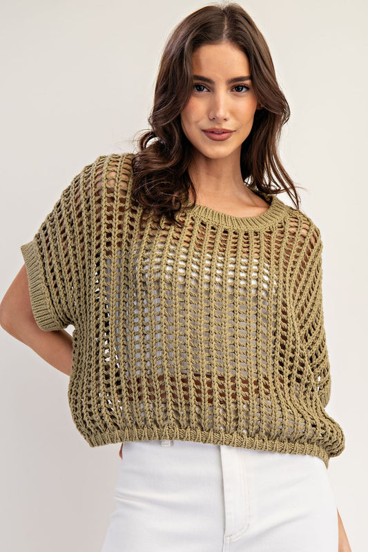 Crochet Knit Short Sleeve Cropped Sweater Dry Herb