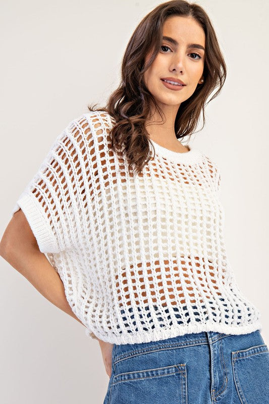 Crochet Knit Short Sleeve Cropped Sweater White