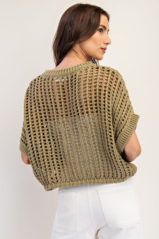 Crochet Knit Short Sleeve Cropped Sweater Dry Herb