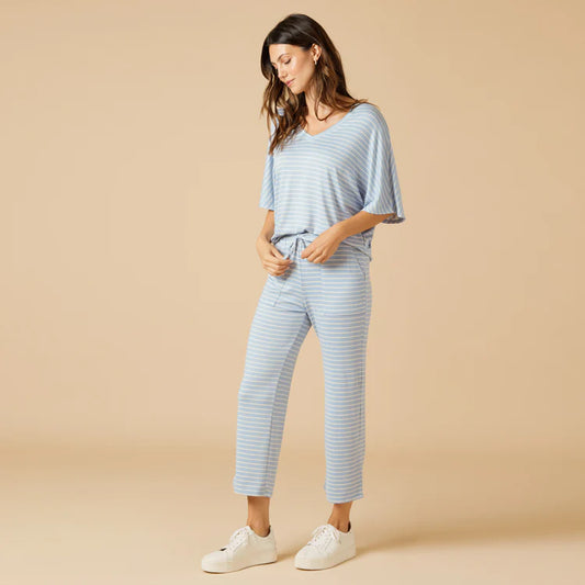 Dream Relaxed V-Neck with Capri Lounge Set- Sky Blue Stripe
