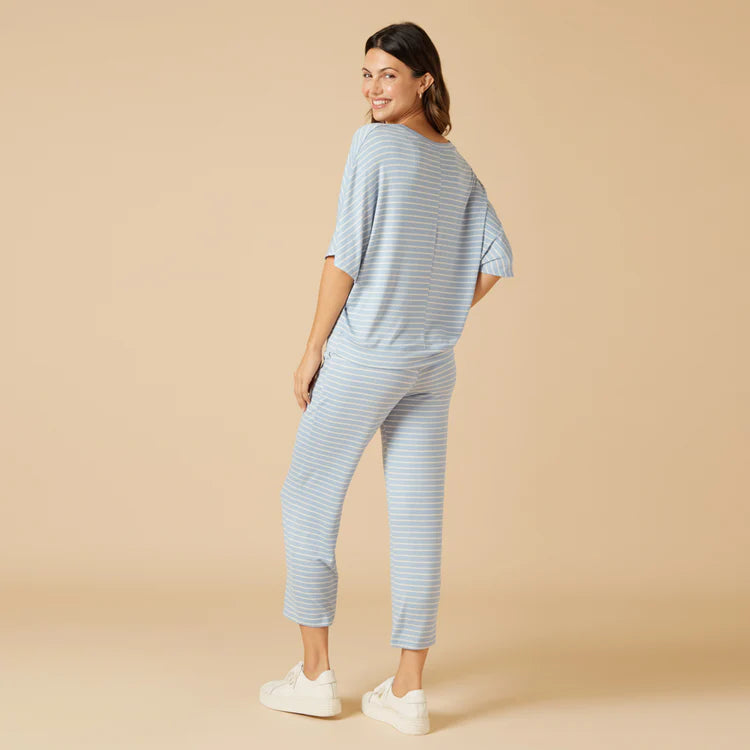 Dream Relaxed V-Neck with Capri Lounge Set- Sky Blue Stripe