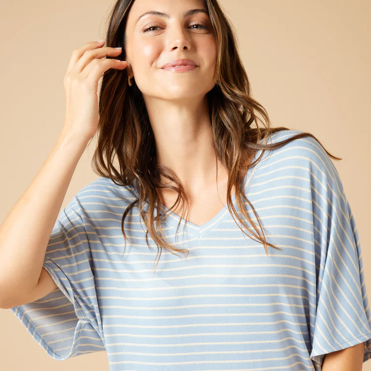 Dream Relaxed V-Neck with Capri Lounge Set- Sky Blue Stripe