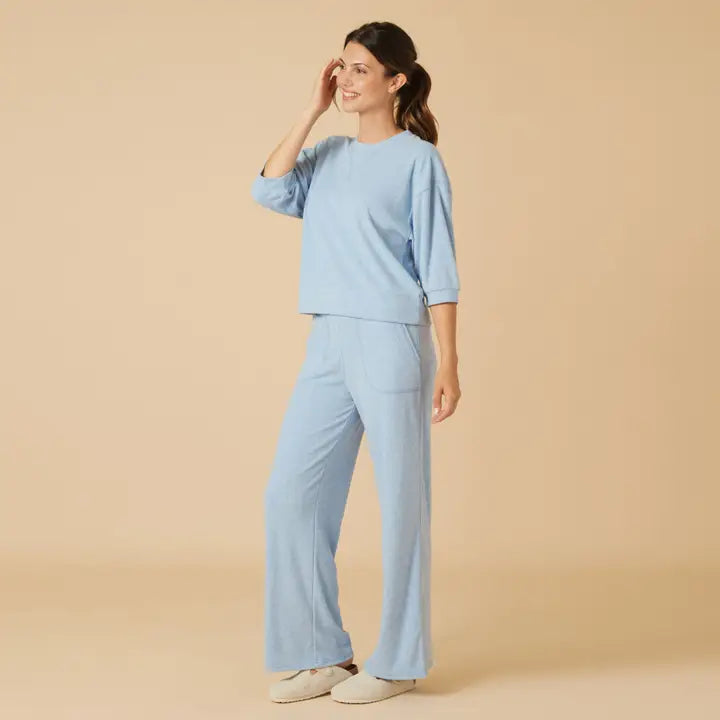 Terry Cropped Sleeve Crew Neck with Wide Leg Pants- Sky Blue