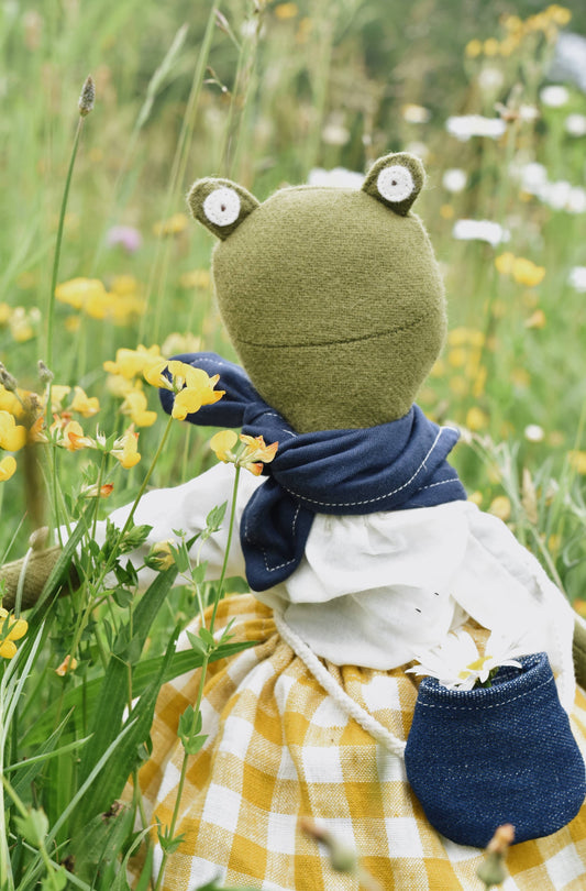 Fern the Frog doll-  Buttercup gingham linen skirt