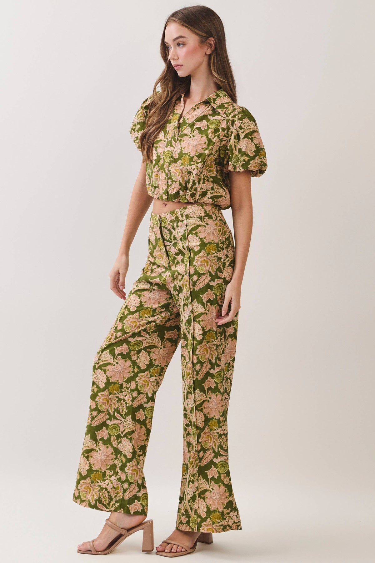 Floral Print Wide Leg Long Pants: Green