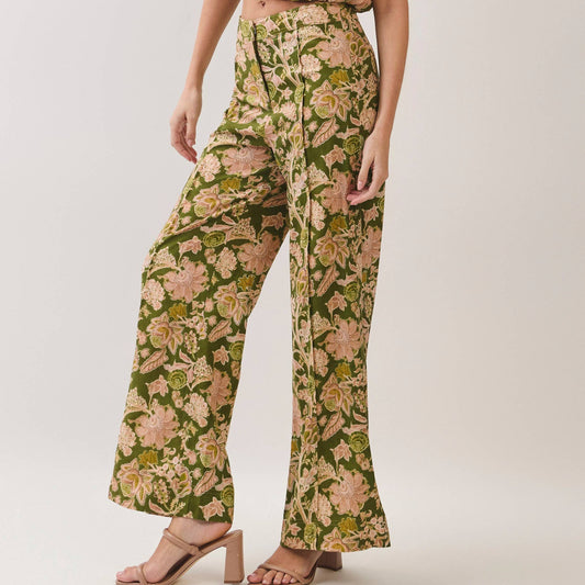 Floral Print Wide Leg Long Pants: Green