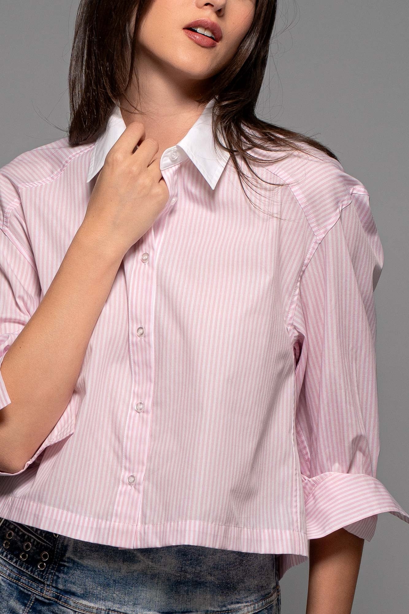 Striped Oversized Collared Top Light Pink
