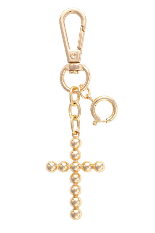 Beaded Cross Bag Charm in Shiny Gold