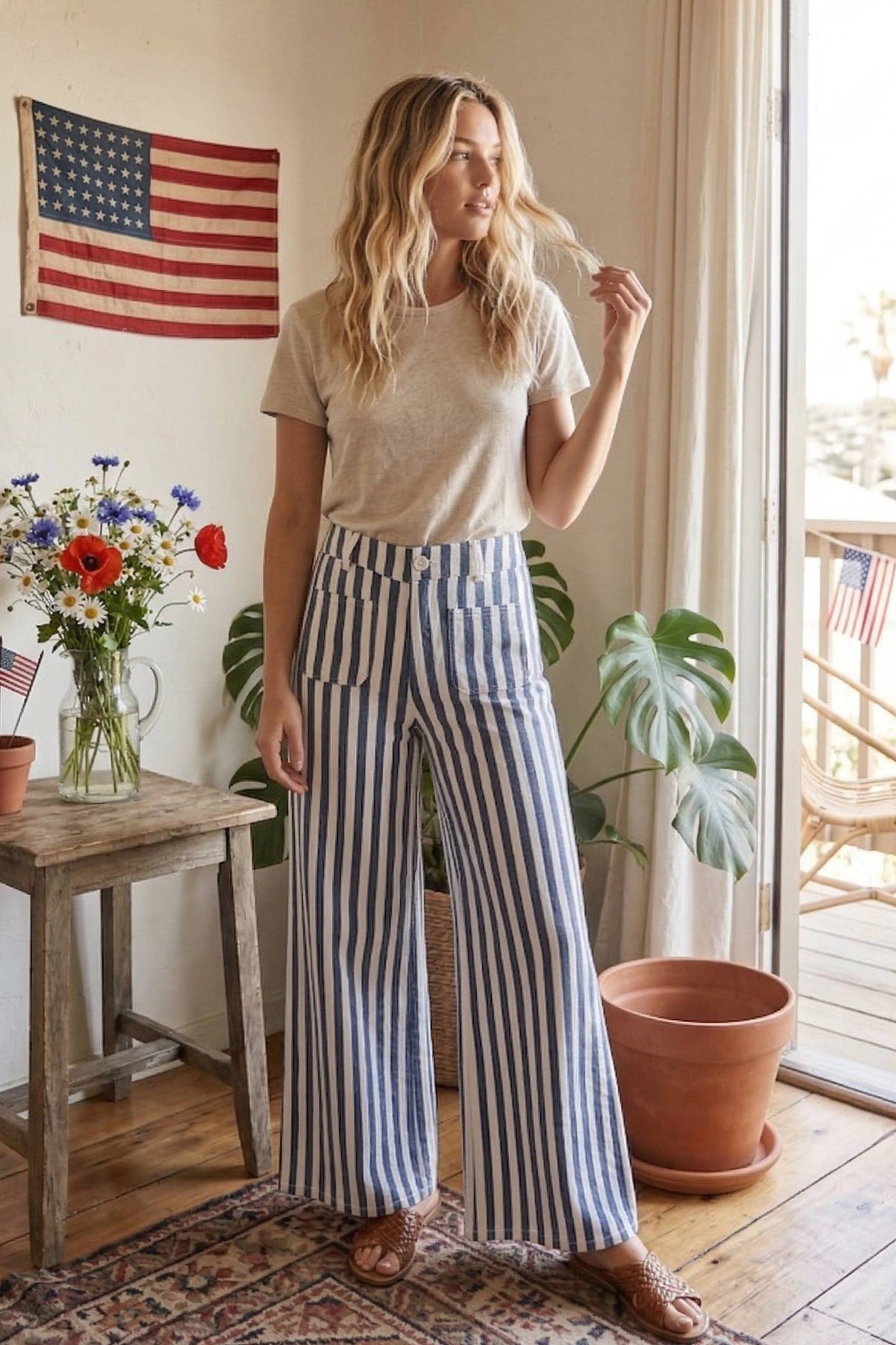 Striped Non Stretch Wide Leg Denim Pants: BLUE/WHITE