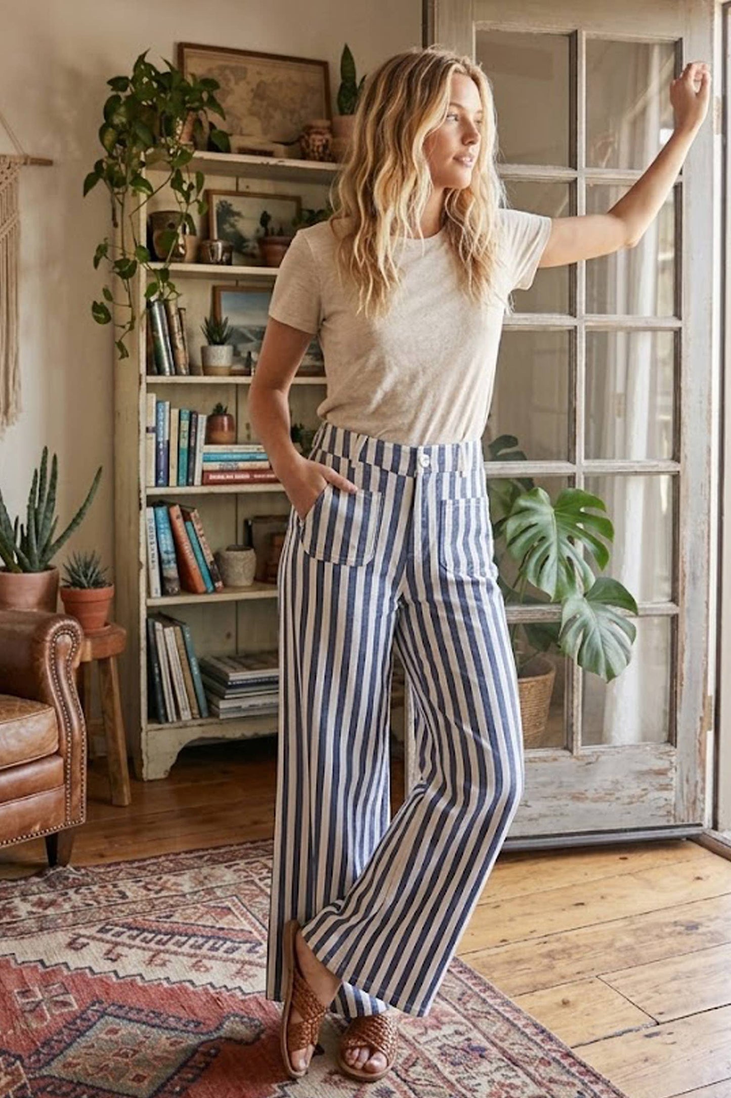Striped Non Stretch Wide Leg Denim Pants: BLUE/WHITE