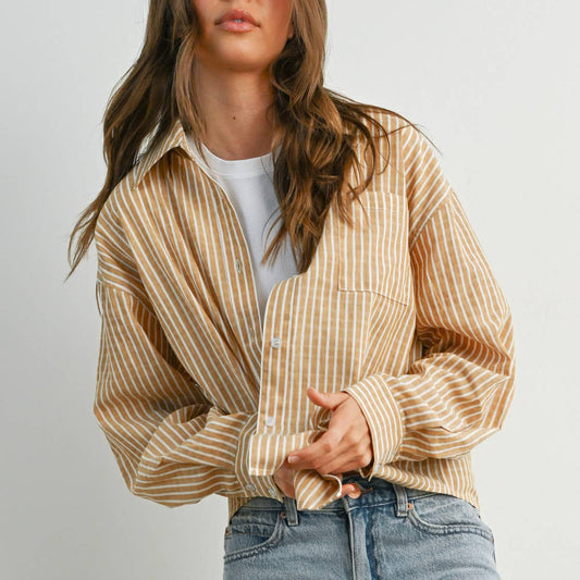 Cropped Striped Button-Camel
