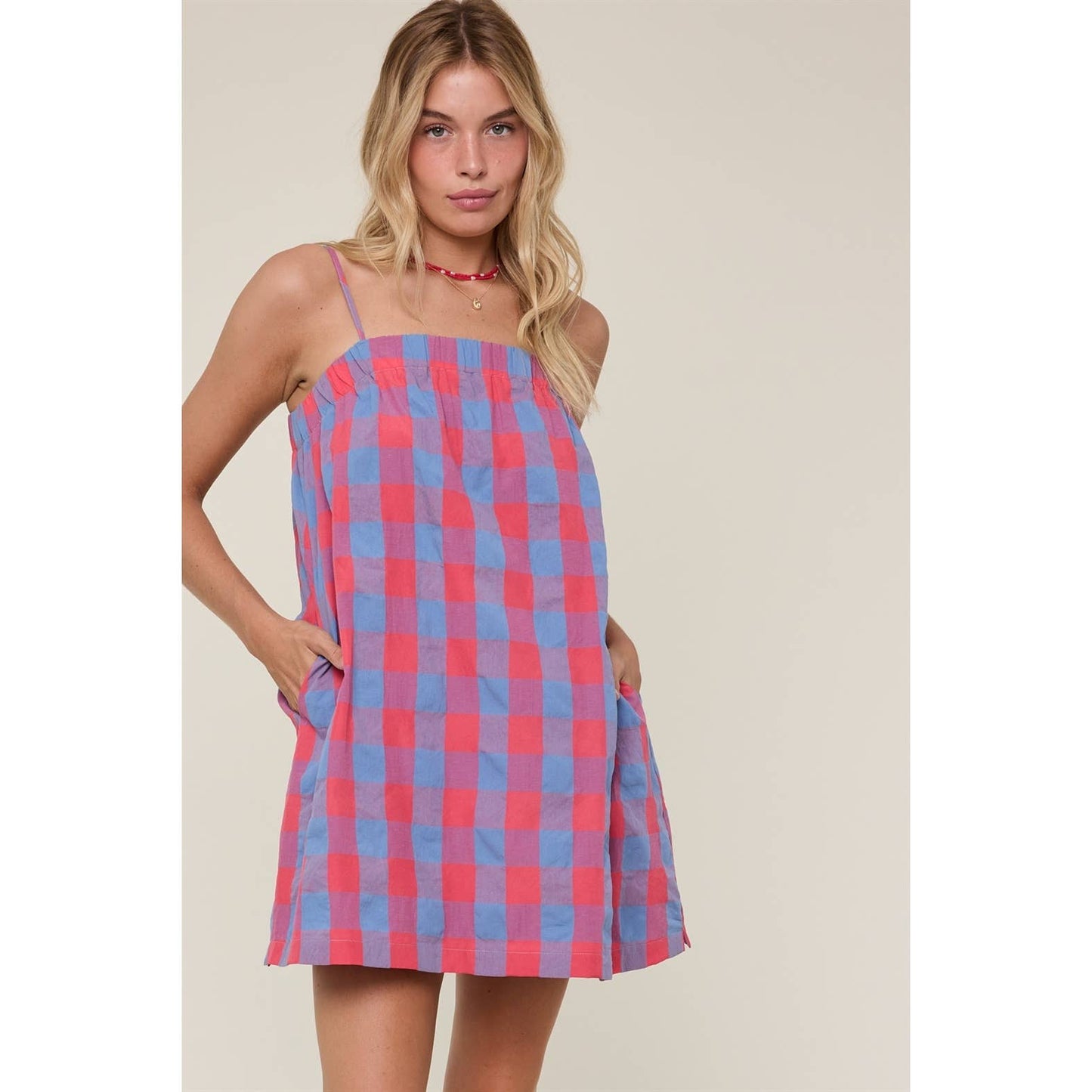 Plaid Cami Mini Dress: CHERRY/BLUE