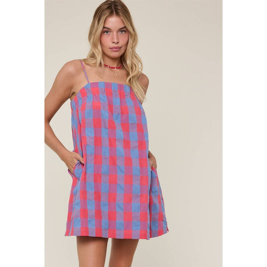 Plaid Cami Mini Dress: CHERRY/BLUE