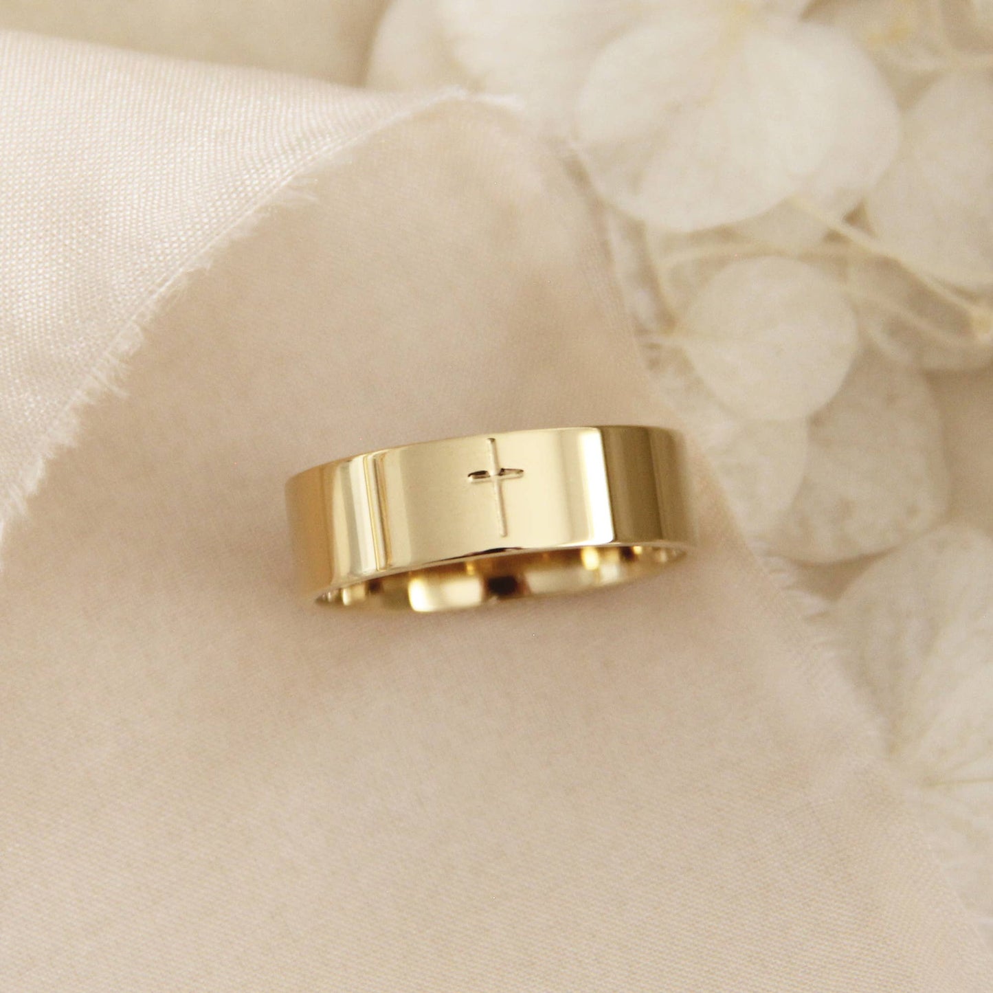 Cross 6mm Band Ring, Wide Cross Ring, Christian Jewelry: Yellow Gold