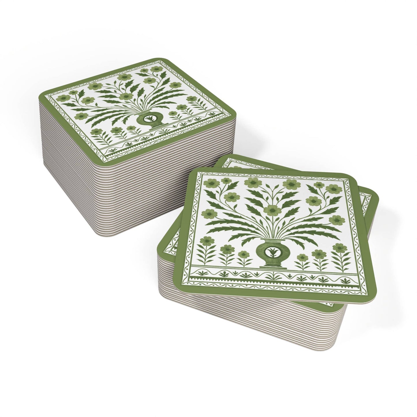 Green & White Floral Pulpboard Coaster Set of 8: 8 / Retail