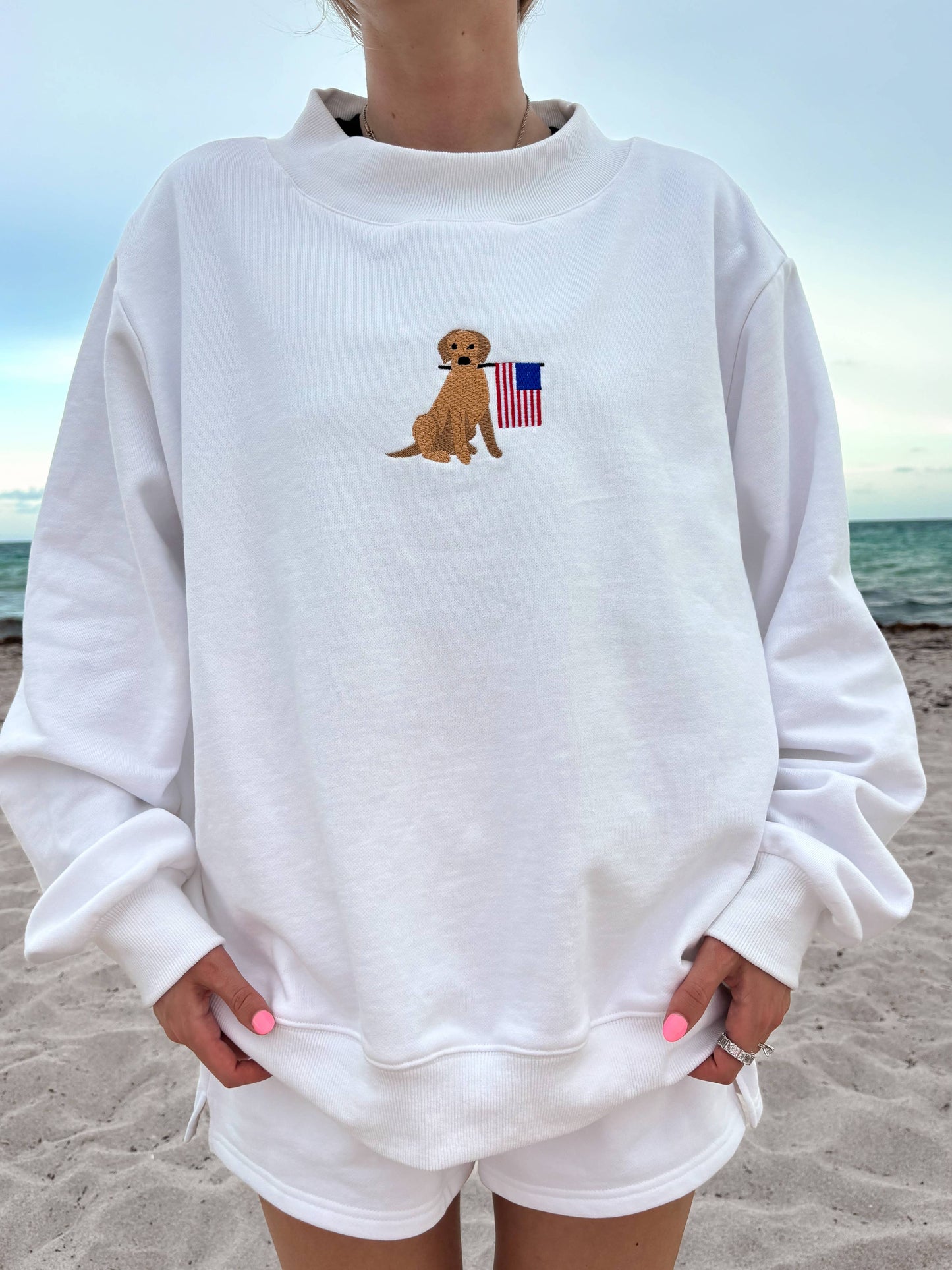 White American Flag Dog Mockneck Sweatshirt: White