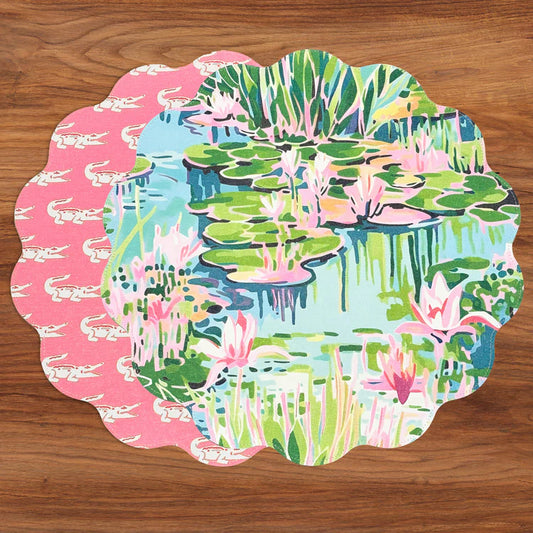 VIDA Everglades and Crocs Reversible Round Placemats Set of 4 Pink & Green