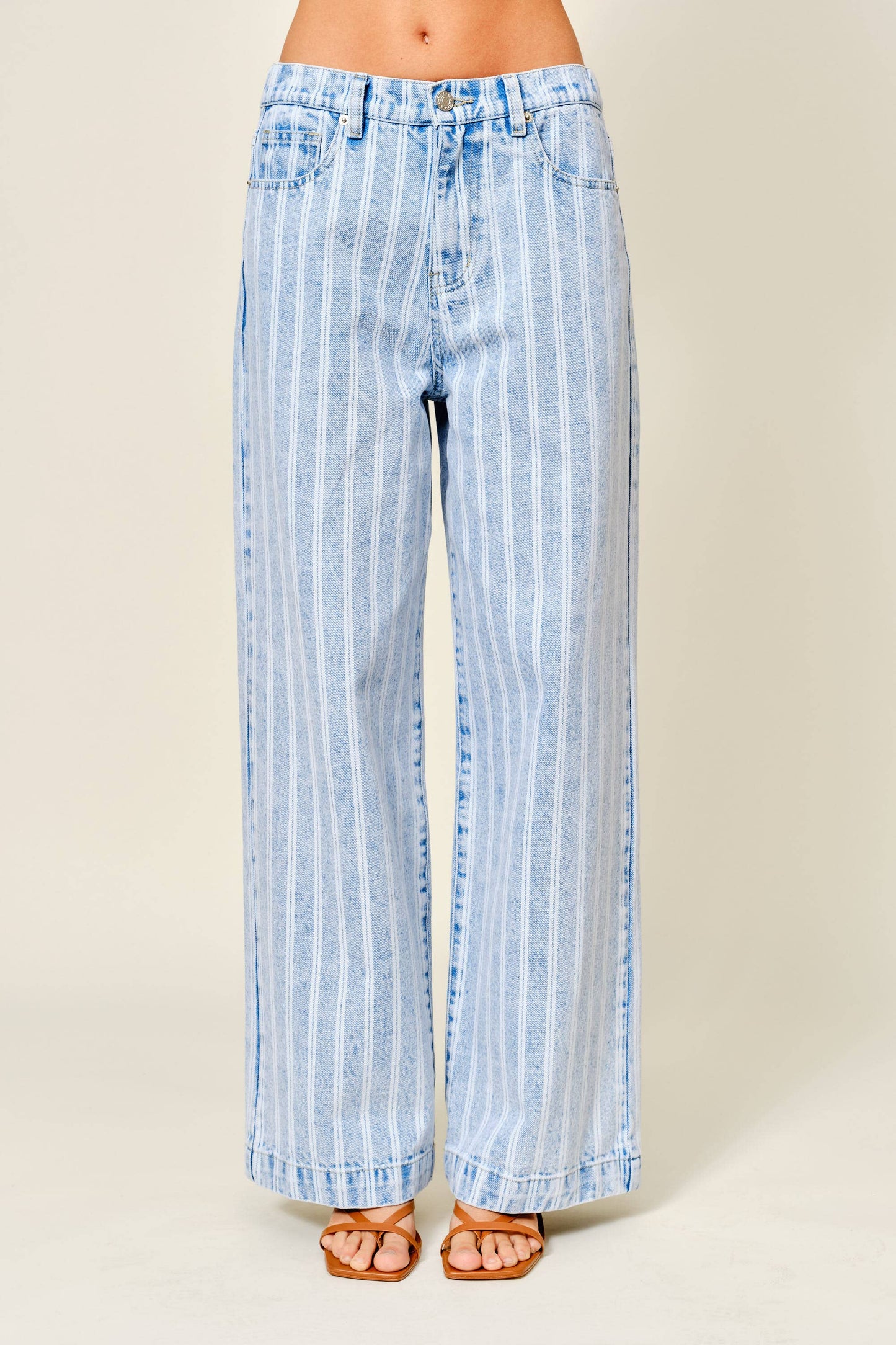 STRIPED DENIM STRAIGHT PANTS: LT DENIM