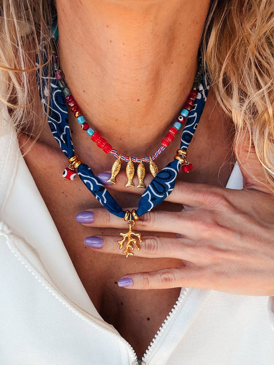 Bohemian blue bandana scarf & colorful beaded fish necklace: Blue Bandana