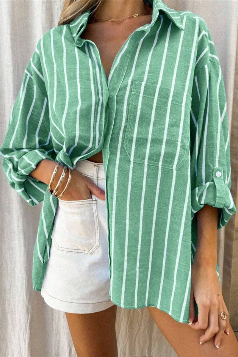 Striped Button-Up T-Shirt: Green