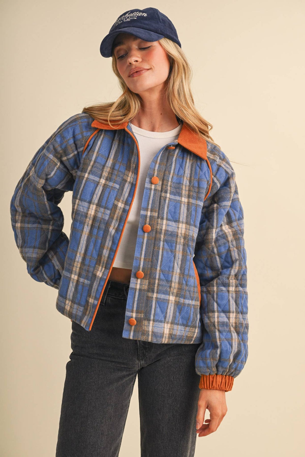 Plaid Quilted Jacket w/ Corduroy