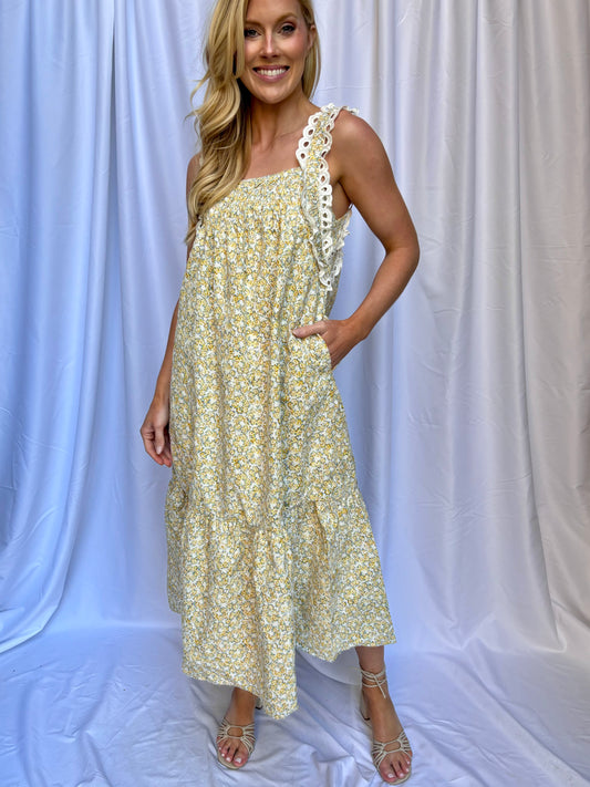 Trimmed Yellow Floral Midi