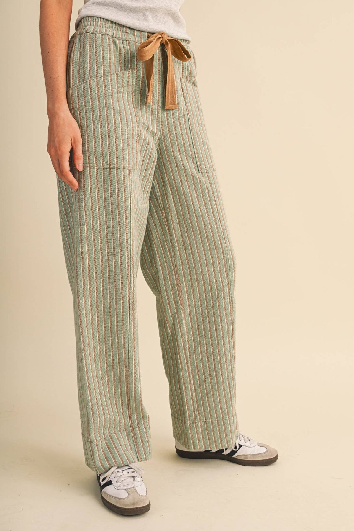Striped Wide Leg Drawstring Pants- Sage